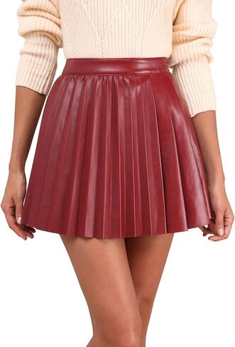 Women's Leather Pleated Skirt Flared High Waist Mini Skater Skirts Y2K Party Club Skirt Black in Kuwait