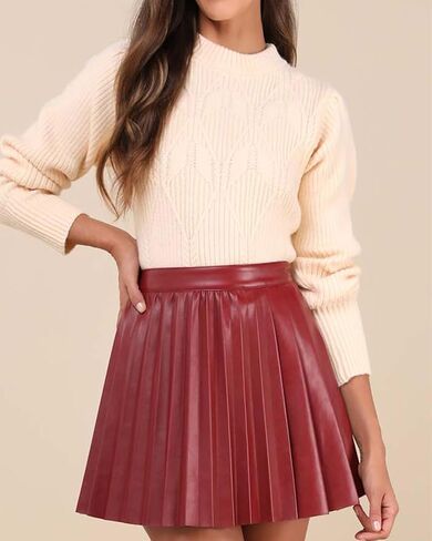 Women's Leather Pleated Skirt Flared High Waist Mini Skater Skirts Y2K Party Club Skirt Black in Kuwait