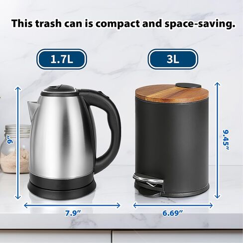 غطاء SunnyPoint Acacia سعة 3 لتر / 0.8 جالون سلة مهملات مستديرة مع دلو داخلي بلاستيكي؛ الحمام والمكتب والمطبخ وغرفة النوم خطوة بخطوة وإغلاق بطيء (BLK) in Kuwait
