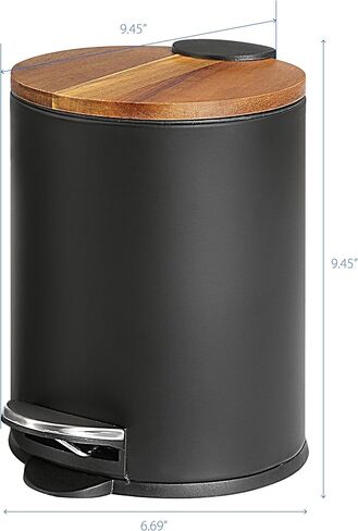 غطاء SunnyPoint Acacia سعة 3 لتر / 0.8 جالون سلة مهملات مستديرة مع دلو داخلي بلاستيكي؛ الحمام والمكتب والمطبخ وغرفة النوم خطوة بخطوة وإغلاق بطيء (BLK) in Kuwait