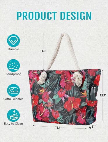 XL Canvas Waterproof Sandproof Utility Beach Tote Bag Cotton Rope With Zipper Packable Beachbag Gear Summer Swim Pool Family Cruise Essentials For Women Birthday Gift Pink Mandala Boho Bohemian in Kuwait