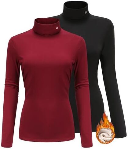 SSLR-Thermal-Shirts for-Women-Turtleneck Long Sleeve Tops Fleece Lined Winter Slim Fitted Mock Neck Base Layer (Small, Black Red) in Kuwait