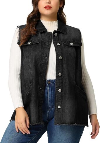 Agnes Orinda Denim Jackets for Women 2024 Plus Size Button Front Lapel Frayed Washed Sleeveless Long Jean Vest in Saudi Arabia