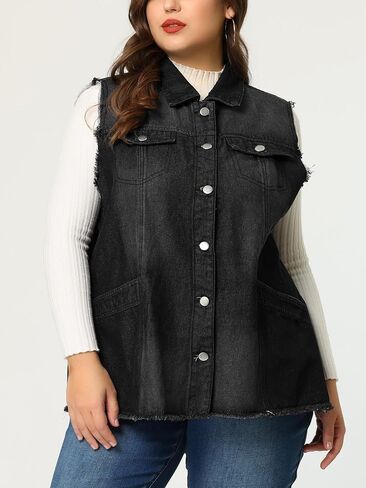 Agnes Orinda Denim Jackets for Women 2024 Plus Size Button Front Lapel Frayed Washed Sleeveless Long Jean Vest in Saudi Arabia