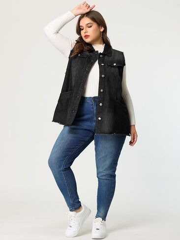 Agnes Orinda Denim Jackets for Women 2024 Plus Size Button Front Lapel Frayed Washed Sleeveless Long Jean Vest in Saudi Arabia