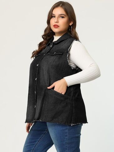 Agnes Orinda Denim Jackets for Women 2024 Plus Size Button Front Lapel Frayed Washed Sleeveless Long Jean Vest in Saudi Arabia