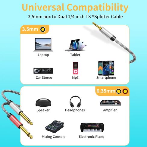 Insert Cable 3ft, 1/4 Stereo to Dual 1/4 Mono Cable, Stereo Breakout 1/4 Y Cable, Stereo to Mono 1/4 Splitter Cable Compatible with Amplifiers, Mixer, Guitar, Speaker and More in Kuwait
