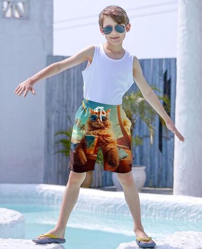 uideazone Kids Swimsuits Cat Graphic Boys Swim Trunks Summer Quick Dry Bathing Suit Board Short for Beach Swimming Surfing Swimsuit with Pockets in Kuwait