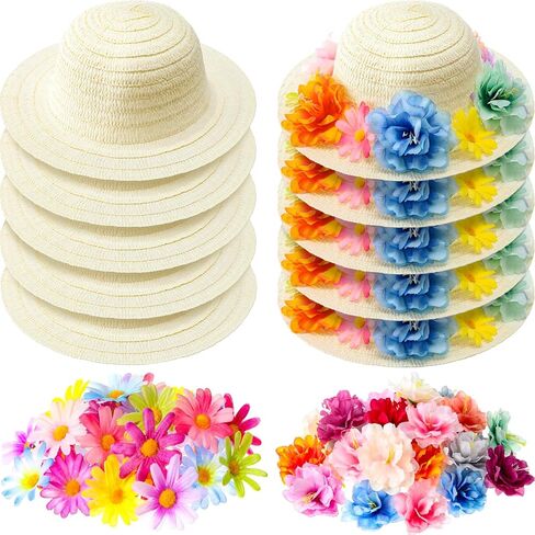 Mepase 70 Pcs DIY Straw Hat with Flower Girls Tea Party Hats Tea Party Straw Hat Fake Flower Heads 10 Straw Hat 60 Airtificial Flower Cherry Cowboy Kids Children Dress Up Hats, 11 Inch Milk White in Kuwait