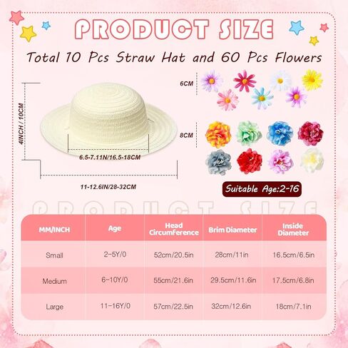 Mepase 70 Pcs DIY Straw Hat with Flower Girls Tea Party Hats Tea Party Straw Hat Fake Flower Heads 10 Straw Hat 60 Airtificial Flower Cherry Cowboy Kids Children Dress Up Hats, 11 Inch Milk White in Kuwait