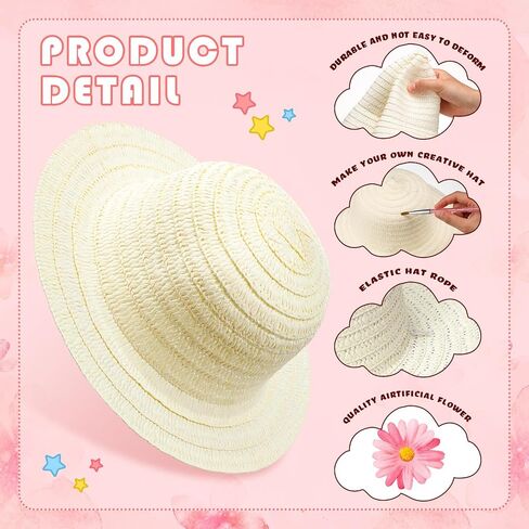 Mepase 70 Pcs DIY Straw Hat with Flower Girls Tea Party Hats Tea Party Straw Hat Fake Flower Heads 10 Straw Hat 60 Airtificial Flower Cherry Cowboy Kids Children Dress Up Hats, 11 Inch Milk White in Kuwait