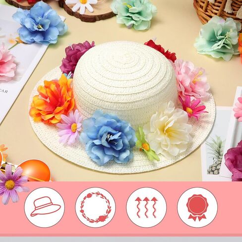 Mepase 70 Pcs DIY Straw Hat with Flower Girls Tea Party Hats Tea Party Straw Hat Fake Flower Heads 10 Straw Hat 60 Airtificial Flower Cherry Cowboy Kids Children Dress Up Hats, 11 Inch Milk White in Kuwait