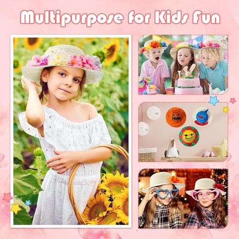 Mepase 70 Pcs DIY Straw Hat with Flower Girls Tea Party Hats Tea Party Straw Hat Fake Flower Heads 10 Straw Hat 60 Airtificial Flower Cherry Cowboy Kids Children Dress Up Hats, 11 Inch Milk White in Kuwait