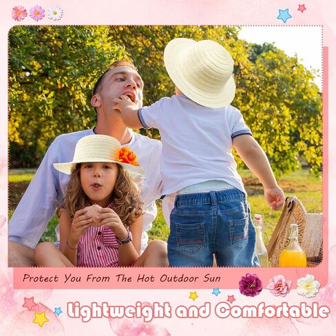 Mepase 70 Pcs DIY Straw Hat with Flower Girls Tea Party Hats Tea Party Straw Hat Fake Flower Heads 10 Straw Hat 60 Airtificial Flower Cherry Cowboy Kids Children Dress Up Hats, 11 Inch Milk White in Kuwait