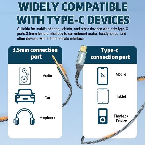 ROÉKO USB C to 3.5mm Audio Jack Cable (4ft), Type-C to 3.5mm Headphone Stereo Adapter Male to Male AUX Cord Car Compatible with Samsung S23 S22 S21, Speaker, Headphones and More (Gary) in Kuwait