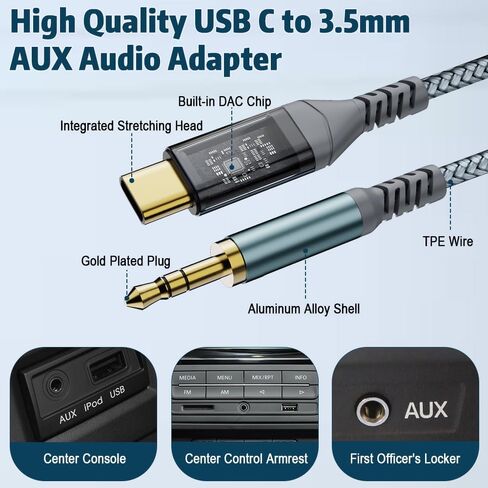 ROÉKO USB C to 3.5mm Audio Jack Cable (4ft), Type-C to 3.5mm Headphone Stereo Adapter Male to Male AUX Cord Car Compatible with Samsung S23 S22 S21, Speaker, Headphones and More (Gary) in Kuwait