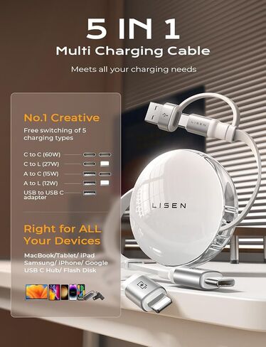 LISEN Multi Charging Cable, 5 in 1 Retractable iPhone Charger Cord, 60W [Fast Charging & Data Sync] iPhone 15 Pro Retractable Charging Cable with IP/Type C/USB A Port for iPad/IP/Samsung/PS/Tablets in Saudi Arabia
