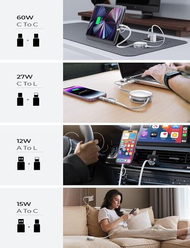 LISEN Multi Charging Cable, 5 in 1 Retractable iPhone Charger Cord, 60W [Fast Charging & Data Sync] iPhone 15 Pro Retractable Charging Cable with IP/Type C/USB A Port for iPad/IP/Samsung/PS/Tablets in Saudi Arabia