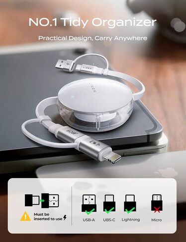 LISEN Multi Charging Cable, 5 in 1 Retractable iPhone Charger Cord, 60W [Fast Charging & Data Sync] iPhone 15 Pro Retractable Charging Cable with IP/Type C/USB A Port for iPad/IP/Samsung/PS/Tablets in Saudi Arabia