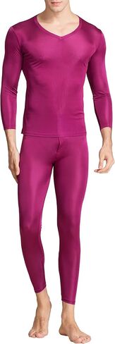 ملابس داخلية رجالي من LingDooo مصنوعة من الحرير الخالص للشتاء طقم جونز حراري طويل برقبة على شكل حرف V قميص حريري + بنطلون in Kuwait