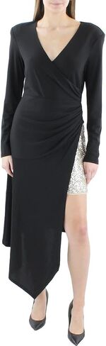BCBGMAXAZRIA Women's Long Sleeve Overlay Midi Dress with Asymmetrical Hem in Saudi Arabia