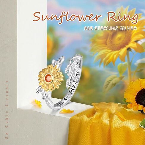 AOVEAO Sunflower Rings for Women, 925 Sterling Silver Sunflower Ring,CZ You are My Sunshine Adjustable Open Band Rings Sunflower Jewelry Gifts for Girls Size 7-8 in Kuwait