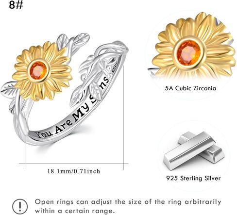 AOVEAO Sunflower Rings for Women, 925 Sterling Silver Sunflower Ring,CZ You are My Sunshine Adjustable Open Band Rings Sunflower Jewelry Gifts for Girls Size 7-8 in Kuwait