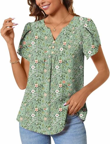 CATHY Women's Fashion Clothes Petal Short Sleeve Tunic Tops Dressy Summer Blouses V-Neck Button Cute Shirts, XXL, Light Blue in Saudi Arabia