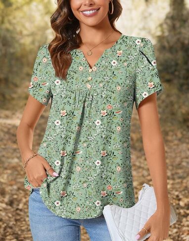 CATHY Women's Fashion Clothes Petal Short Sleeve Tunic Tops Dressy Summer Blouses V-Neck Button Cute Shirts, XXL, Light Blue in Saudi Arabia