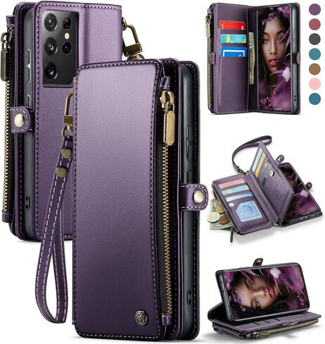 حافظة Defencase لهاتف Samsung Galaxy S21 Ultra، حافظة محفظة لهاتف Samsung S21 Ultra للنساء والرجال، حافظة هاتف متينة من جلد البولي يوريثان بحزام مغناطيسي وسحاب وحامل بطاقات لهاتف Galaxy S21 Ultra، وردي وردي in Saudi Arabia