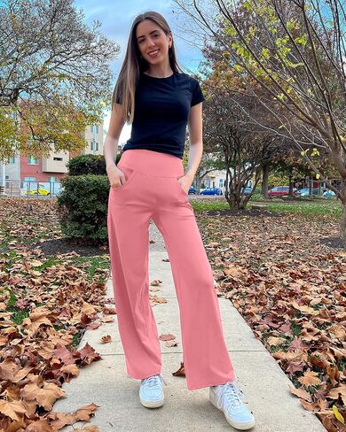 بروموفير بنطلون رياضي للنساء بقصة مستقيمة وارجل واسعة مع جيوب، سروال يوجا قابل للتمدد للعمل وصالة الالعاب الرياضية والجري والركض للخريف والشتاء، سروال ضيق للتحكم في البطن in Kuwait