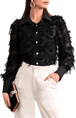 Verdusa Women's Fuzzy Rhinestone Long Sleeve Button Up Shirt Blouse Top in Saudi Arabia