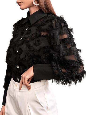 Verdusa Women's Fuzzy Rhinestone Long Sleeve Button Up Shirt Blouse Top in Saudi Arabia