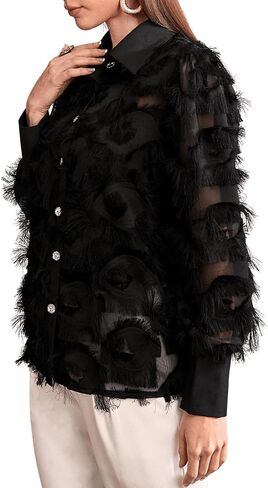 Verdusa Women's Fuzzy Rhinestone Long Sleeve Button Up Shirt Blouse Top in Saudi Arabia