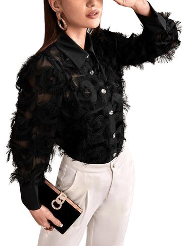 Verdusa Women's Fuzzy Rhinestone Long Sleeve Button Up Shirt Blouse Top in Saudi Arabia