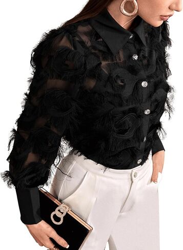 Verdusa Women's Fuzzy Rhinestone Long Sleeve Button Up Shirt Blouse Top in Saudi Arabia