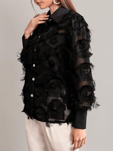 Verdusa Women's Fuzzy Rhinestone Long Sleeve Button Up Shirt Blouse Top in Saudi Arabia