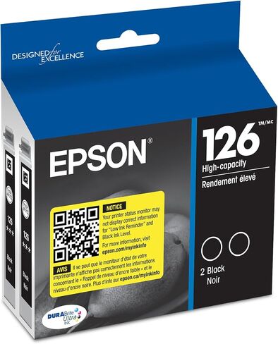 Epson T126120-D2 DURABrite Ultra Black Dual Pack High Capacity Cartridge Ink & T126 DURABrite Ultra Ink Standard Capacity Yellow Cartridge (T126420-S) for Select Stylus and Workforce Printers in Saudi Arabia
