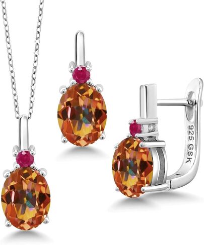 Gem Stone King 925 Sterling Silver Black Onyx and Red Ruby Pendant and Earrings Jewelry Set For Women (5.01 Cttw, Gemstone Birthstone, Oval 9X7MM, with 18 Inch Silver Chain) in Kuwait