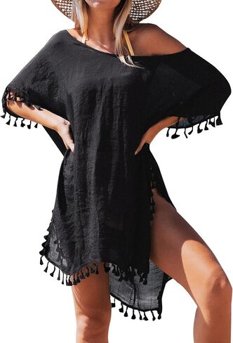 CUPSHE Women's Tassel Kaftan Cover Up Round Neck Half Sleeves Midi Mesh in Saudi Arabia