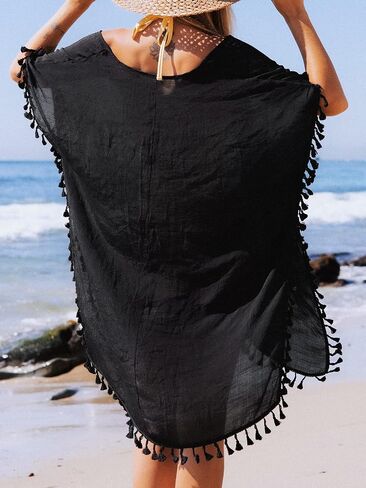 CUPSHE Women's Tassel Kaftan Cover Up Round Neck Half Sleeves Midi Mesh in Saudi Arabia