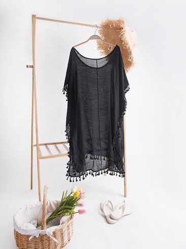 CUPSHE Women's Tassel Kaftan Cover Up Round Neck Half Sleeves Midi Mesh in Saudi Arabia
