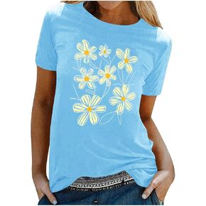 Women's Botanical Graphic Tees Daisy Sunflower Wildflowers Print Short Sleeve Tshirts Loose Fit Casual Crewneck Tops