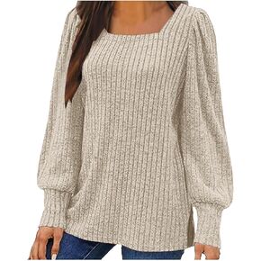 Long Sleeve Shirts for Women Trendy Casual Square Neck Puff Sleeve Tunic Tops Dressy Comfy Blouse Lightweight Sweater