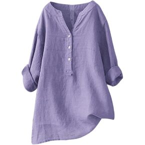 Cotton Linen Tops for Women Button Down Shirts V Neck T Shirt 3/4 Sleeve Blouses Casual Loose Fit Tunic Basic Tees