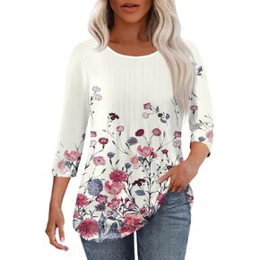 Shirts for Women 3/4 Length Sleeve Crewneck Pleated Tunic Tops 2025 Dressy Casual Summer Tops Blouses