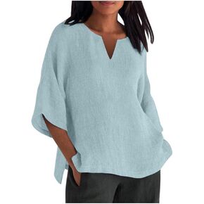 Womens Linen Button Down Shirts V Neck Solid Color Loose Top T Shirt Casual Shirt V Neck Collared Button Down Blouse