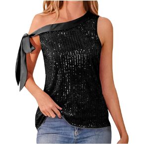 Sparkle Sequin Tops for Women One Shoulder Sexy Shiny Bling Camisole for Glitter Tie Evening Party Sleeveless Blouse