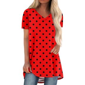 TWGONE Womens Long Tunics Tops to Wear with Leggings Summer Short Sleeve V Neck Blouses Dressy Casual Hide Belly Shirts
