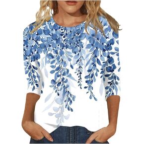 Womens Tops 3/4 Sleeve Shirts Crewneck Loose Casual Blouses Cute Floral Print Tshirts Business Work Tee